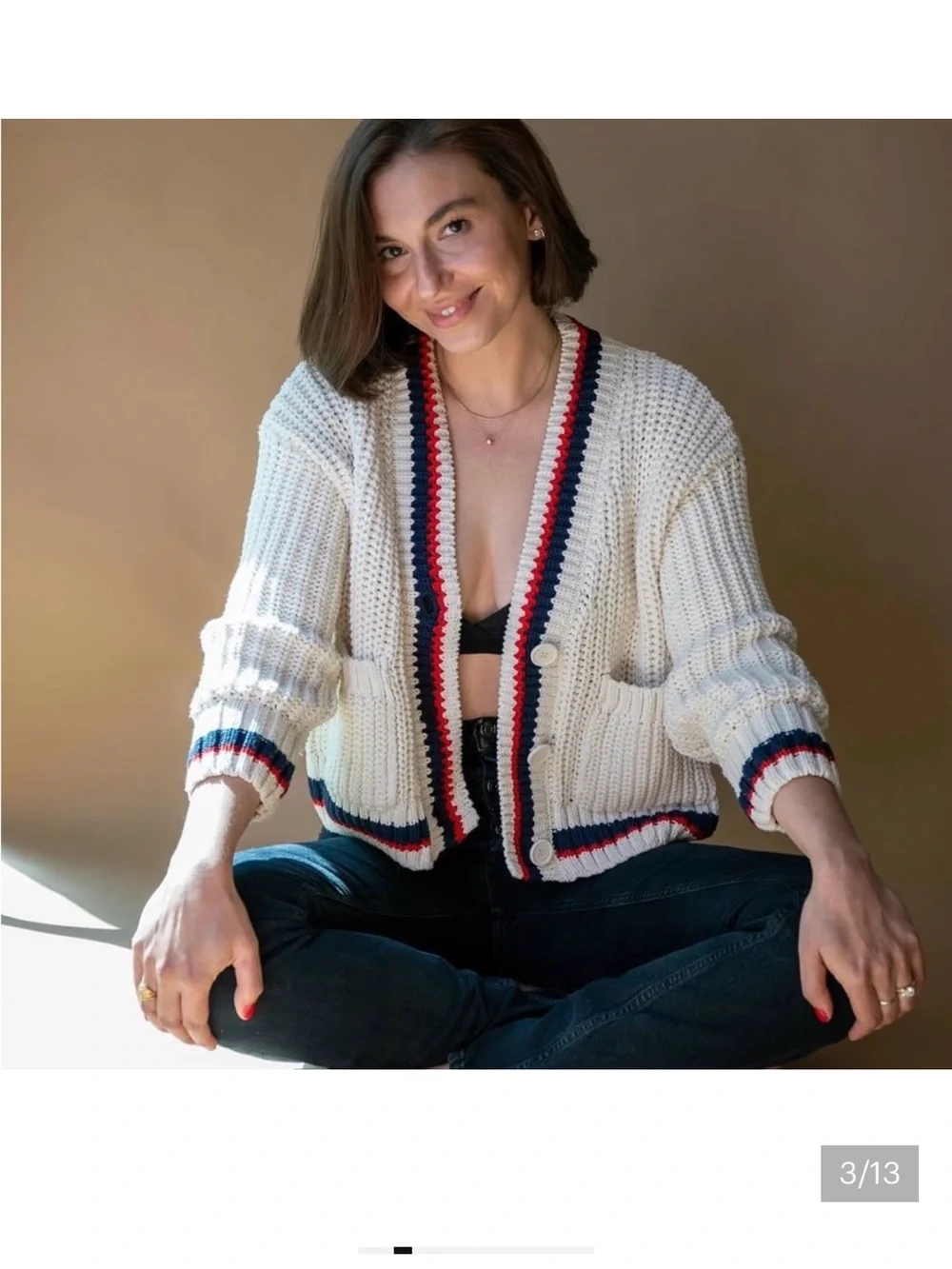 Zara women’s Cream V-Neck Button Cardigan Sweater with trim